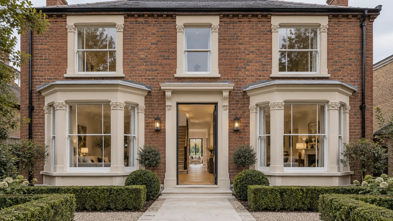 A traditional British house with an open front door