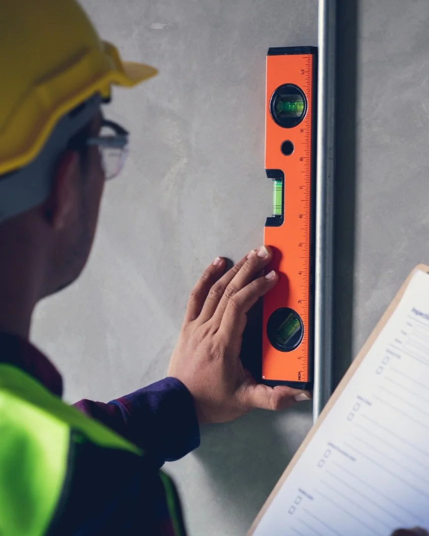Surveyor checking a wall with a spirit level during a snagging inspection